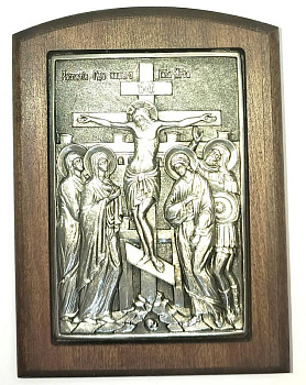 Икона на дереве РАСПЯТИЕ ГОСПОДА НАШЕГО ИИСУСА ХРИСТА, гальваника, 12 х 9 см