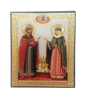 Икона Петр и Февронья малая на деревянной доске 9 х12 см