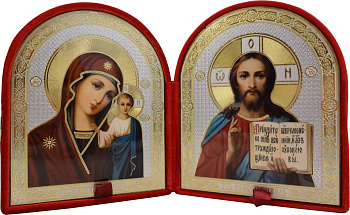 Складень Господь Вседержитель, Казанская Божия Матерь, арка, бархат 13х15 см (№14)