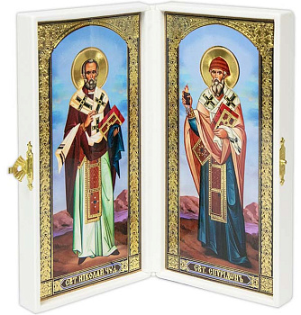 Складень с ростовыми иконами Николай Чудотворец и Спиридон Тримифундский в кожаном футляре с вышивкой, 9 х 18 см
