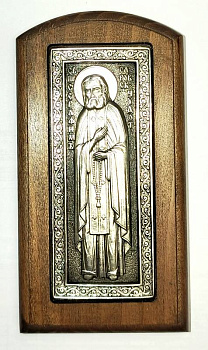 Икона на дереве СВЯТОЙ ПРЕПОДОБНЫЙ СЕРАФИМ САРОВСКИЙ, гальваника, 12,5 х 6,5 см