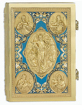 Евангелие Напрестольное в цельнометаллическом окладе с росписью большое ГОЛУБОЙ
