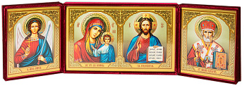 Складень Господь Вседержитель, Казанская Божия Матерь, Николай Чудотворец, Ангел Хранитель, бархат 16х28 см (№5)