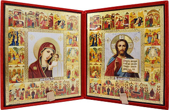 Складень Господь Вседержитель, Казанская Божия Матерь с двунадесятыми праздниками, бархат 17х21 см
