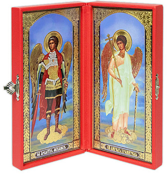 Складень с ростовыми иконами Ангел Хранитель и Архистратиг Михаил в кожаном футляре с вышивкой, 9 х 18 см