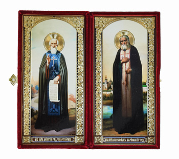 Складень с ростовыми иконами Серафим Саровский и Сергий Радонежский в бархатном футляре 9 х 18 см