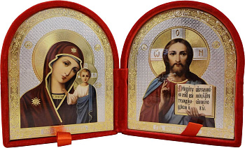 Складень Господь Вседержитель, Казанская Божия Матерь, арка, бархат, 11х13 см