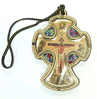 Автомобильная подвеска-Крест фигурный на шнурке, дерево, полиграфия, пластик , 8 х 5,5 см