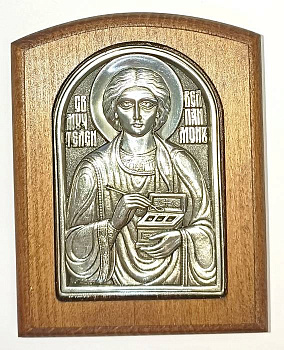 Икона на дереве СВЯТОЙ ВЕЛИКОМУЧЕНИК И ЦЕЛИТЕЛЬ ПАНТЕЛЕИМОН, гальваника, 9,5 х 7,5 см