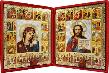 Складень Господь Вседержитель, Казанская Божия Матерь с праздниками, бархат 13х16 см