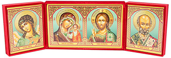 Складень Господь Вседержитель, Казанская Божия Матерь, Николай Чудотворец, Ангел Хранитель, бархат 16х28 см (№1)