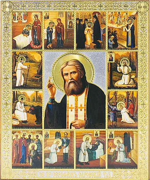 Икона Серафим Саровский с житием на деревянной доске 17х21 см