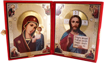 Складень венчальный Господь Вседержитель, Казанская Божия Матерь с пророками и апостолами, бархат 17х21 см (№11)