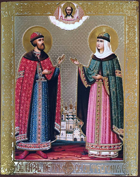 Икона Петр и Феврония на деревянной доске 12,5 х 15,5 см