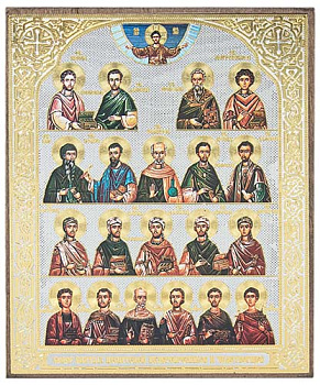 Икона Собор святых целителей безсеребреников и чудотворцев на деревянной доске 12,5х15,5 см