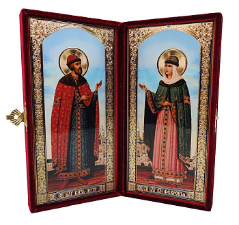 Складень с ростовыми иконами Петр и Феврония в бархатном футляре, 9 х 18 см