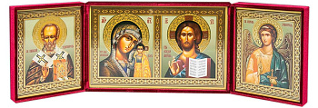 Складень Господь Вседержитель, Казанская Божия Матерь, Николай Чудотворец, Ангел Хранитель, бархат 16х28 см (№2)