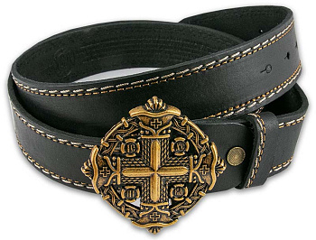 Ремень мужской «Афонский крест» (пряжка фигурная, цвет латунь, кожа, ширина ремня 4 см) 